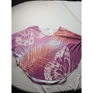 Cache Women Poncho Style Blouse Floral Butterfly Pink White Top Size XS NWT